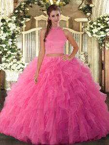 High End Tulle Halter Top Sleeveless Backless Beading and Ruffles 15th Birthday Dress in Hot Pink