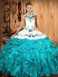 Sophisticated Aqua Blue Ball Gowns Halter Top Sleeveless Satin and Organza Floor Length Lace Up Embroidery and Ruffles Sweet 16 Dress