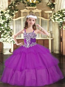 Top Selling Floor Length Fuchsia Little Girls Pageant Dress Wholesale Organza Sleeveless Appliques and Ruffled Layers