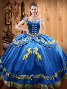 Trendy Floor Length Lace Up 15th Birthday Dress Blue for Sweet 16 and Quinceanera with Beading and Embroidery