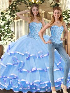 Cute Sweetheart Sleeveless 15 Quinceanera Dress Floor Length Beading and Ruffled Layers Baby Blue Tulle