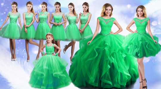 Scoop Sleeveless Quinceanera Dress Floor Length Beading and Ruffles Green Organza