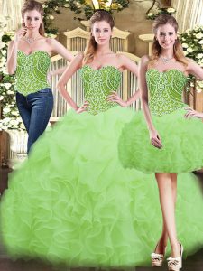 Edgy Organza Sweetheart Sleeveless Lace Up Beading and Ruffles 15th Birthday Dress in Yellow Green