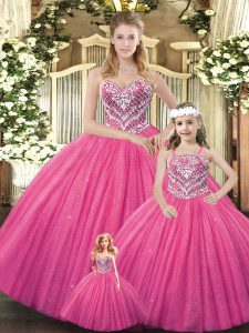 High Quality Sleeveless Tulle Floor Length Lace Up Sweet 16 Quinceanera Dress in Hot Pink with Beading