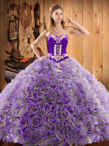 Satin and Fabric With Rolling Flowers Sweetheart Sleeveless Sweep Train Lace Up Embroidery Quinceanera Gown in Multi-color