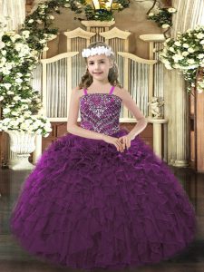 Dark Purple Sleeveless Beading and Ruffles Floor Length Pageant Dress