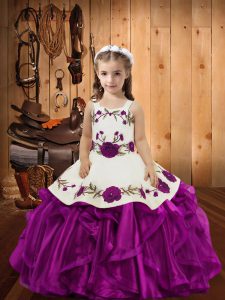 Inexpensive Embroidery and Ruffles Little Girls Pageant Dress Wholesale Fuchsia Lace Up Sleeveless Floor Length