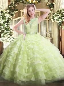 Glorious Lace and Ruffled Layers Quinceanera Gowns Yellow Green Backless Sleeveless Floor Length