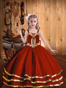 Elegant Rust Red Lace Up Straps Beading and Embroidery and Ruffled Layers Kids Pageant Dress Organza Sleeveless