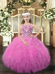 Rose Pink Ball Gowns Beading and Ruffles Child Pageant Dress Lace Up Organza Sleeveless Floor Length