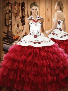 Beauteous Wine Red Lace Up Halter Top Embroidery and Ruffled Layers Sweet 16 Dresses Satin and Organza Sleeveless