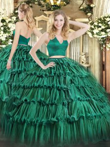 Exceptional Two Pieces Vestidos de Quinceanera Dark Green Halter Top Organza Sleeveless Floor Length Zipper