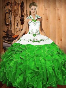 Sophisticated Sleeveless Floor Length Embroidery and Ruffles Lace Up Sweet 16 Dress with Green