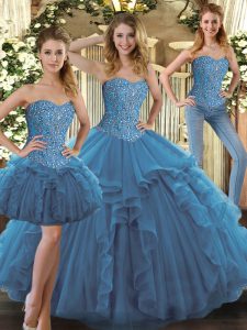 Discount Floor Length Lace Up Vestidos de Quinceanera Teal for Military Ball and Sweet 16 and Quinceanera with Beading and Ruffles