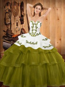 Lace Up Sweet 16 Dresses Olive Green for Military Ball and Sweet 16 and Quinceanera with Embroidery and Ruffled Layers Sweep Train