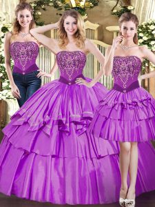 Eggplant Purple Ball Gowns Beading and Ruffled Layers Quinceanera Gowns Lace Up Tulle Sleeveless Floor Length