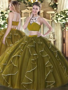 Luxury Floor Length Ball Gowns Sleeveless Olive Green 15 Quinceanera Dress Backless