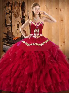 Super Satin and Organza Sweetheart Sleeveless Lace Up Embroidery and Ruffles Sweet 16 Dress in Wine Red