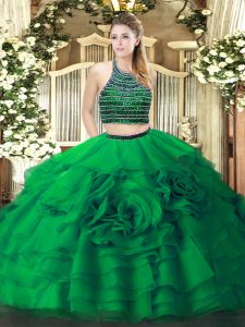 Exceptional Green Halter Top Neckline Beading and Ruffled Layers Sweet 16 Quinceanera Dress Sleeveless Zipper