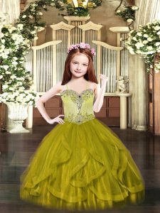 Olive Green Lace Up Little Girls Pageant Dress Wholesale Beading and Ruffles Sleeveless Floor Length