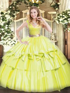 Exquisite V-neck Sleeveless Zipper Quinceanera Dress Yellow Green Tulle