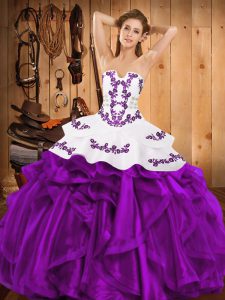 Eggplant Purple Sweet 16 Quinceanera Dress Military Ball and Sweet 16 and Quinceanera with Embroidery and Ruffles Strapless Sleeveless Lace Up