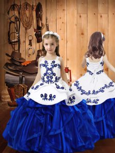 Sleeveless Floor Length Embroidery and Ruffles Lace Up Pageant Dress with Royal Blue