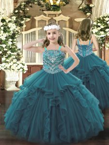 Great Teal Ball Gowns Organza Straps Sleeveless Beading and Ruffles Floor Length Lace Up Custom Made Pageant Dress