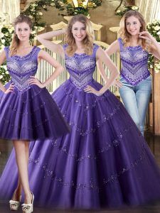 Purple Lace Up Scoop Beading Quince Ball Gowns Tulle Sleeveless