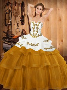 Sleeveless Tulle Sweep Train Lace Up Quinceanera Dress in Gold with Embroidery and Ruffled Layers