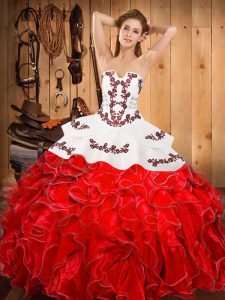 Attractive Wine Red Sleeveless Satin and Organza Lace Up Vestidos de Quinceanera for Military Ball and Sweet 16 and Quinceanera