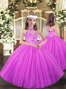 Cheap Tulle Halter Top Sleeveless Lace Up Appliques Kids Pageant Dress in Lilac