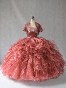 Red Ball Gowns Strapless Sleeveless Beading and Ruffles Floor Length Lace Up Quinceanera Dresses