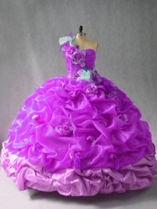 Purple Ball Gowns Organza One Shoulder Sleeveless Pick Ups and Hand Made Flower Floor Length Lace Up Quinceanera Gown