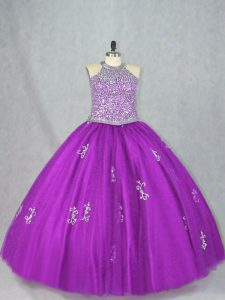 Chic Purple Lace Up Halter Top Beading and Appliques Quinceanera Gowns Tulle Sleeveless