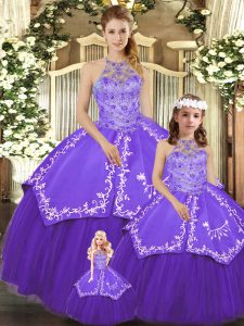 Beading and Embroidery Sweet 16 Dress Purple Lace Up Sleeveless Floor Length