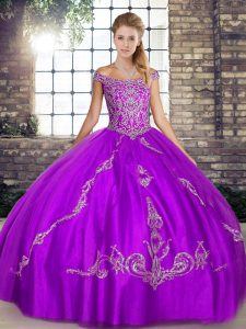 Fitting Purple Tulle Lace Up Off The Shoulder Sleeveless Floor Length Ball Gown Prom Dress Beading and Embroidery