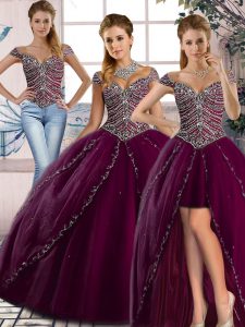 Noble Purple Lace Up Quinceanera Dress Beading Cap Sleeves Brush Train