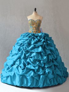 Classical Aqua Blue Sweetheart Lace Up Beading and Pick Ups Sweet 16 Quinceanera Dress Brush Train Sleeveless