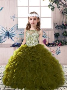 Olive Green Tulle Lace Up Scoop Sleeveless Floor Length Little Girls Pageant Dress Wholesale Beading and Ruffles