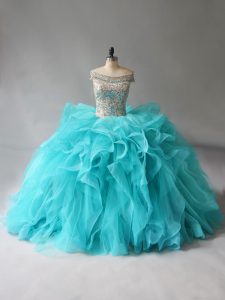 Aqua Blue Off The Shoulder Neckline Beading and Ruffles Quinceanera Dress Sleeveless Lace Up