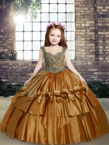 Brown Lace Up Girls Pageant Dresses Beading Sleeveless Floor Length