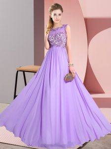 Deluxe Lavender Empire Beading and Appliques Quinceanera Court Dresses Backless Chiffon Sleeveless Floor Length