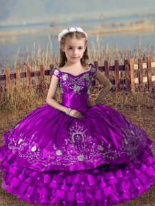 Purple Sleeveless Embroidery and Ruffled Layers Floor Length Kids Formal Wear