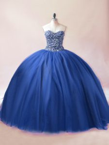 Blue Ball Gowns Tulle Sweetheart Sleeveless Beading Floor Length Lace Up 15th Birthday Dress