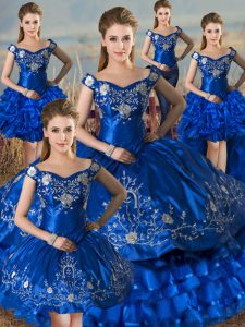 Glorious Embroidery and Ruffled Layers Quinceanera Gowns Royal Blue Lace Up Sleeveless Floor Length