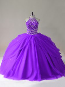 Luxury Purple Sweet 16 Dress Sweet 16 and Quinceanera with Beading Halter Top Sleeveless Lace Up