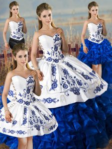 Lovely Blue And White Satin and Organza Lace Up Quinceanera Dress Sleeveless Floor Length Embroidery and Ruffles