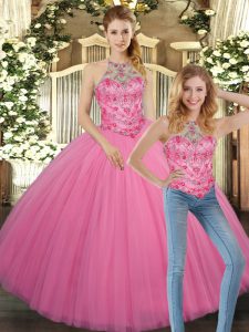 Rose Pink Ball Gowns Halter Top Sleeveless Tulle Floor Length Lace Up Embroidery 15 Quinceanera Dress