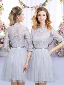 Grey High-neck Neckline Lace and Belt Dama Dress Half Sleeves Zipper